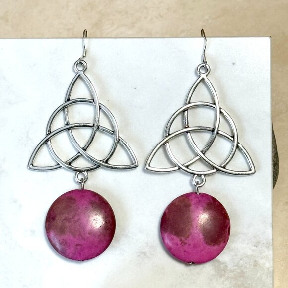 2/$20, Viva Magenta Agate Celtic Trinity Sterling Silver Dangle Earrings - Picture 2 of 9